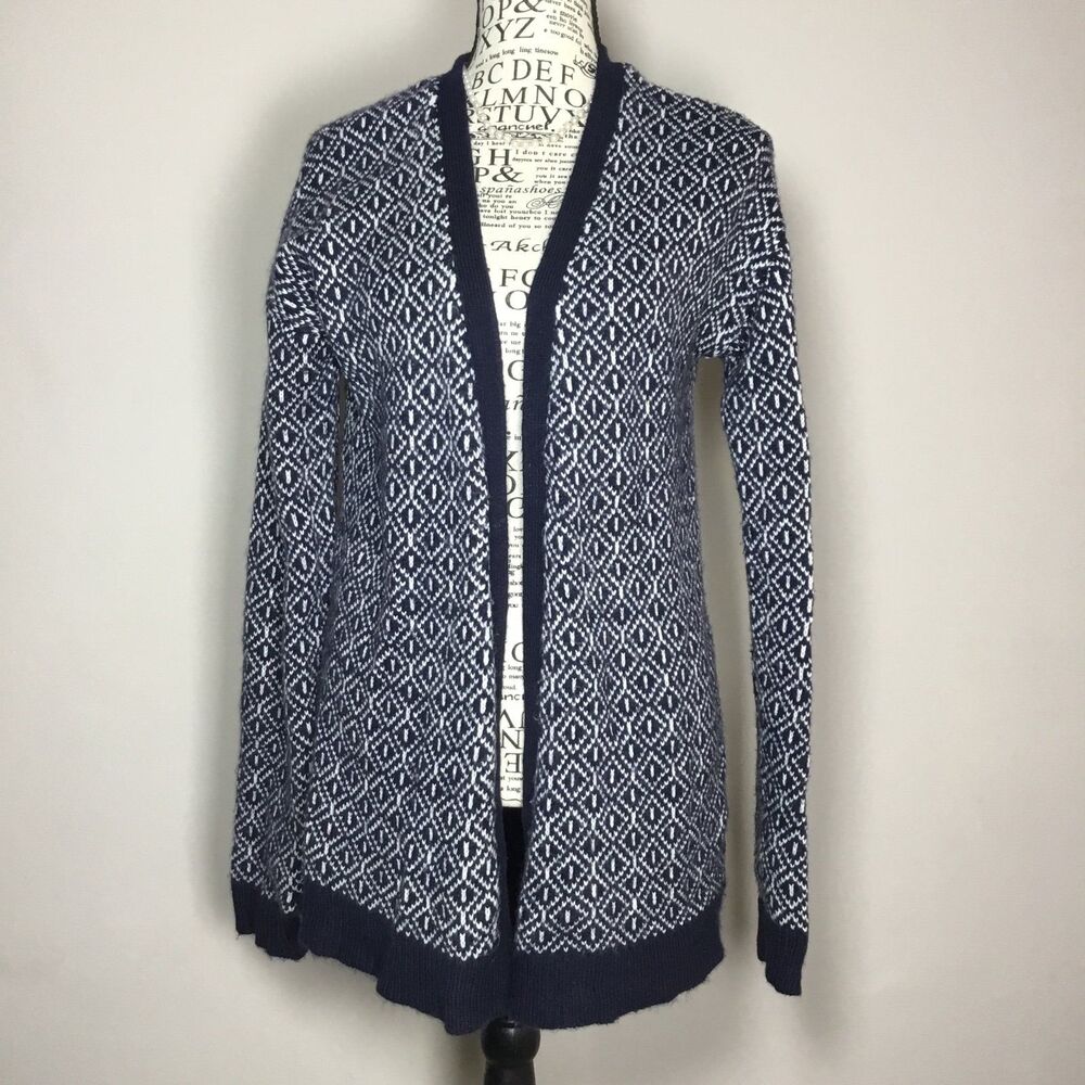 Blue white geometric pattern cardigan open front duster soft cozy fuzzy Aztec M